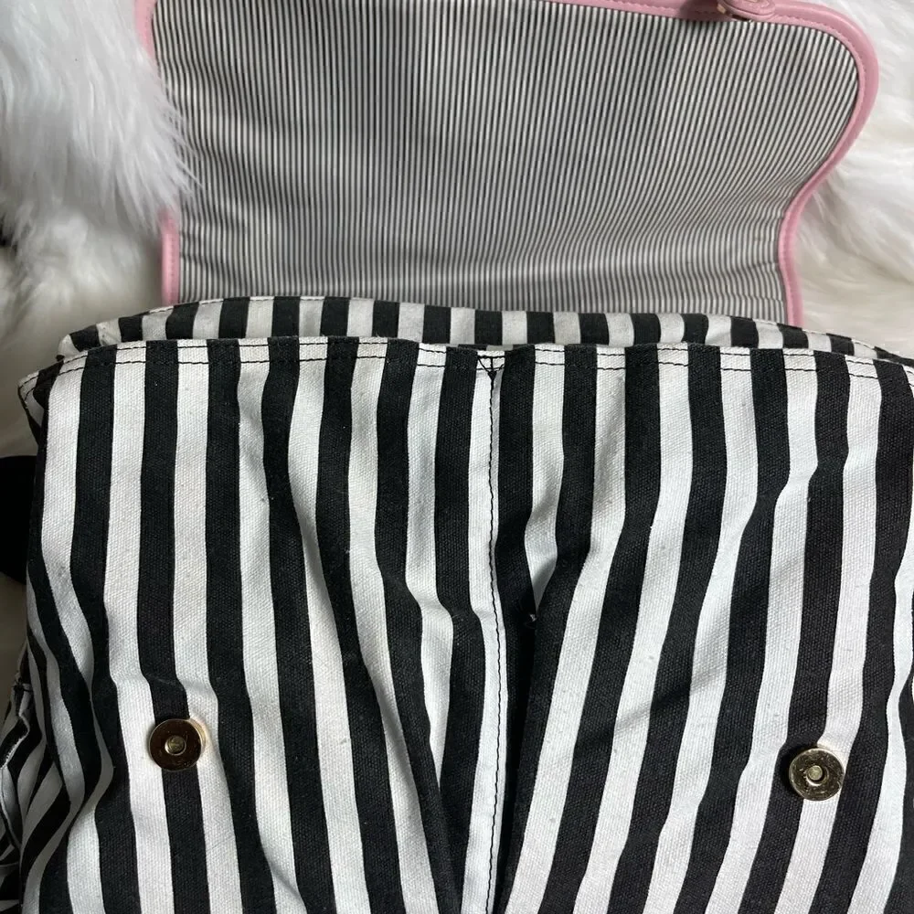 Lovevook laptop  shoulder bag Black & white stripes canvas,pink faux leather
